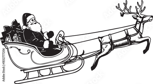 Santa's Christmas Journey: Santa Claus, joyfully navigates his magical sleigh, propelled by a majestic reindeer, loaded with wrapped gifts, against a backdrop of festive Christmas spirit.