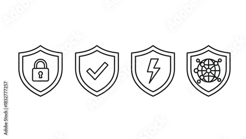 Four line art shield icons representing security, protection, validation, energy and network data