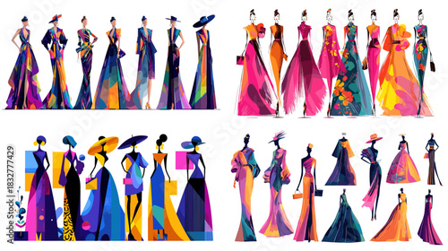 Stylish high fashion silhouettes in vibrant colors featuring elegant gowns, hats, and runway poses ideal for fashion illustration, design concepts, and modern editorial artwork.