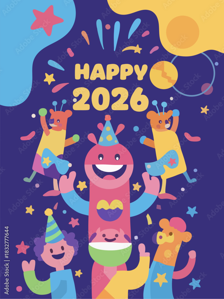 Fototapeta premium Happy New Year 2026 Celebration with Cute Monster Characters and Confetti.