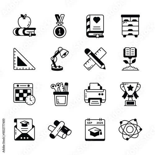 Creatively crafted school and education flat outline icons set