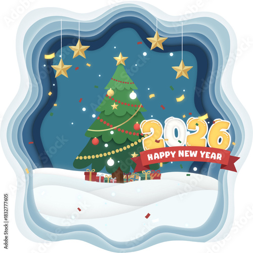 2026 Happy New Year Paper Cut Art. Christmas Tree, Snow, and Stars in 3D Layered Design.