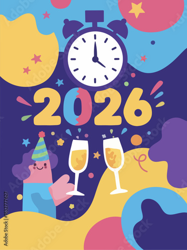 Happy New Year 2026 Party Celebration Illustration with Clock and Champagne Toast.