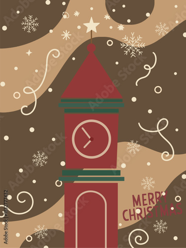 Cozy Minimalist Christmas Clock Tower Illustration.