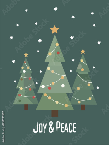 Minimalist Christmas Card, Joy and Peace with Decorated Pine Trees and Snow.