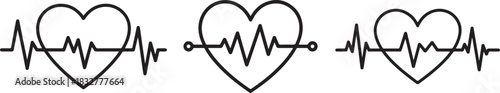 Set of Heartbeat Line with Heart Line Art, Coloring Book Page Line Art Drawing, Vector and Illustration