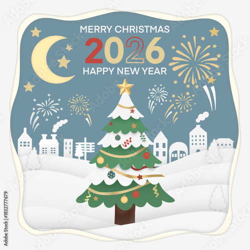 Festive Winter Holiday Celebration with Christmas Tree and Fireworks.