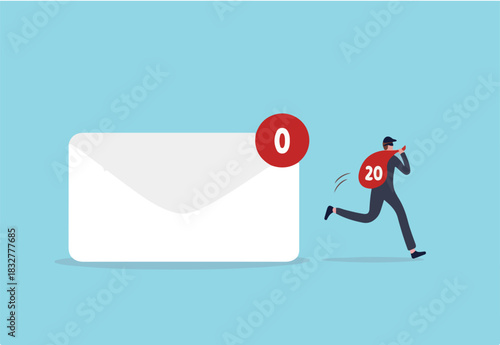 Data privacy, personal email confidential, thief, cyber hacker or email provider show advertising based on inside information concept, thief holding red bag full of data from letter with no new email.