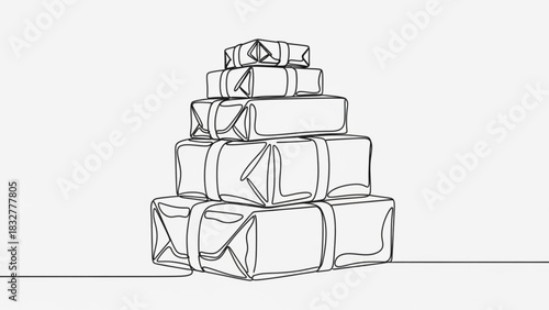 A minimalist single line drawing depicts a stack of six wrapped gifts piled high against a clean white background symbolizing celebration and surprise