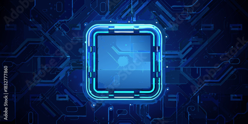 Futuristic technology circuit board with glowing square frame and complex connections