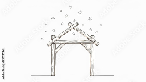 A simple wooden nativity stable with scattered stars above on a white background