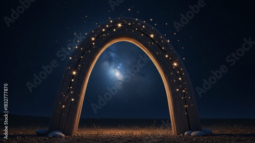 A mystical wooden archway adorned with glowing stars stands against a breathtaking night sky filled with the milky way galaxy