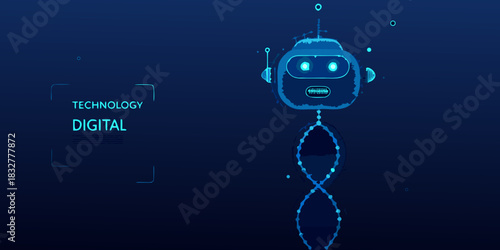 Futuristic robot connected to digital dna on dark blue background