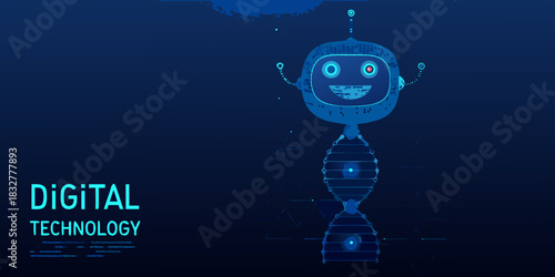 Friendly robot with dna structure on a dark blue digital technology background