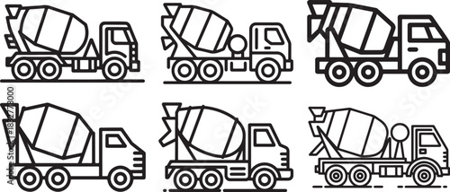 Set of Cement Mixer Truck Line Art, Coloring Book Page Line Art Drawing, Vector and Illustration
