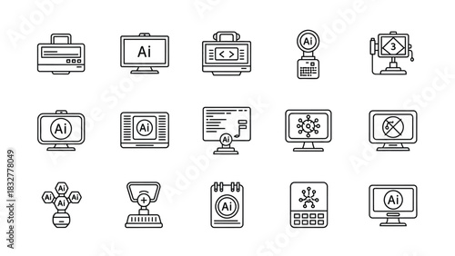 Artificial intelligence and technology icons, representing computing, data, and digital innovation concepts