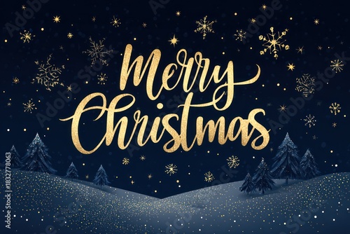 Wallpaper Mural Golden merry christmas greeting with sparkling snowflakes and pine trees Torontodigital.ca