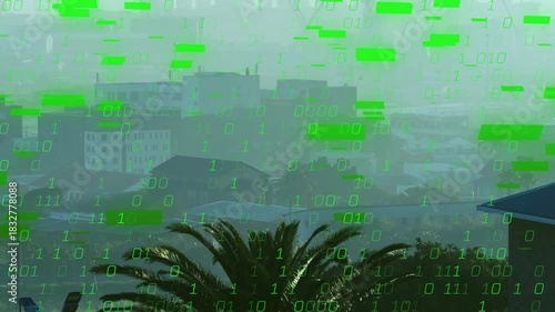 Incoming signal sparking green binary cascade over palm tree and rooftops, obscuring skyline