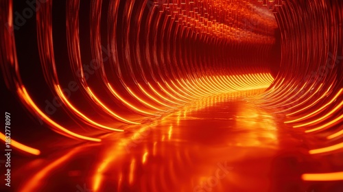 Optical path curves long exposure photography red orange luminous trails curved tunnel architecture geometric light patterns fiber optic technology aesthetic