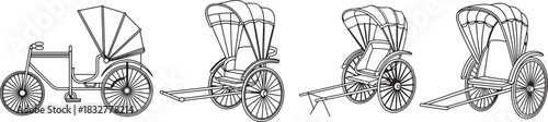 Set of Motorized Rickshaw Line Art, Coloring Book Page Line Art Drawing, Vector and Illustration