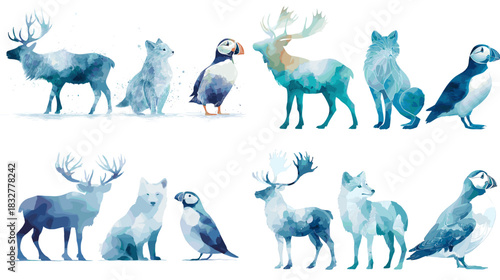 Watercolor silhouettes of northern animals including reindeer, wolves, and puffins illustrated in cool blue tones perfect for winter themes, nature art, and wildlife design.