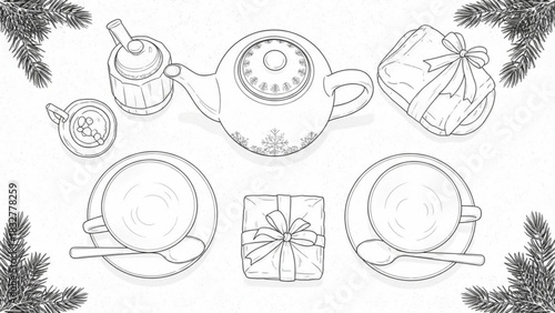 Cozy winter tea time with gifts and festive snowflakes on a textured surface surrounded by pine branches