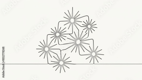 Abstract interconnected starbursts form a dynamic network pattern showcasing a minimalist and modern single line art design