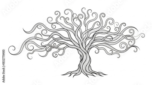 An artistic and flowing black and white illustration of a stylized tree with whimsical curly branches and roots against a plain background