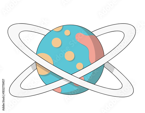 Cute cartoon planet with blue aqua sea and pink landmasses orbits by white rings against black background flat vector illustration