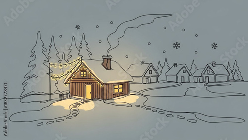 Cozy winter village scene with snow falling and warm lights illuminating a charming cabin surrounded by trees