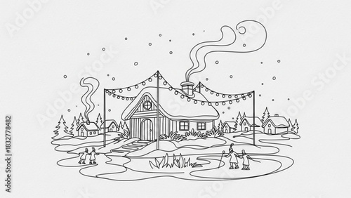 Charming winter village scene with cozy cottages twinkling lights and figures enjoying the snowy landscape