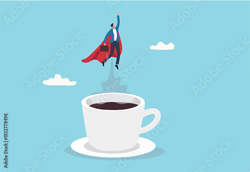 Coffee break to refresh or boost energy, morning routine to help focus and boost productivity, relax or awaken with tea break concept, businessman superhero flying from mug of coffee.
