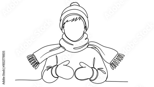 Minimalist continuous line drawing of a child wearing a warm winter hat scarf and mittens ready for cold weather fun