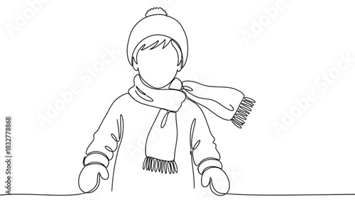 Minimalist single line drawing of a child wearing a winter hat scarf and mittens ready for cold weather outdoor activities
