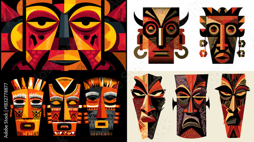 Bold tribal mask illustrations featuring geometric shapes, expressive faces, warm earthy colors, and cultural motifs ideal for ethnic design, folklore themes, and artistic decoration.