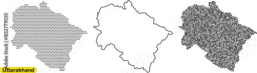 Three stylized map variations of the indian state of uttarakhand