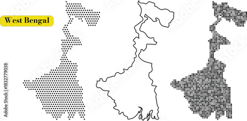 Three different artistic representations of the map outline of west bengal, india