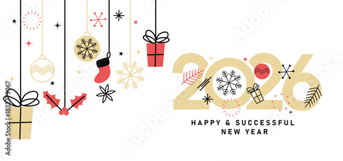 Happy and Successful New Year 2026 Celebration with Festive Decorations Minimalist Christmas and New Year 2026 Greeting with Holiday Icons