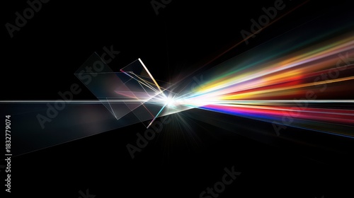 Laser beam divergence prismatic light dispersion through glass prism creating vibrant rainbow spectrum rays spreading outward against dark background optical physics
