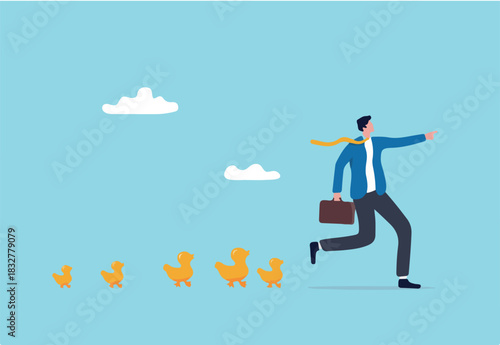 Leadership to lead team to success direction, employees follow manager guidance, domination or motivate staffs concept, confidence businessman leader pointing direction with following duckling.