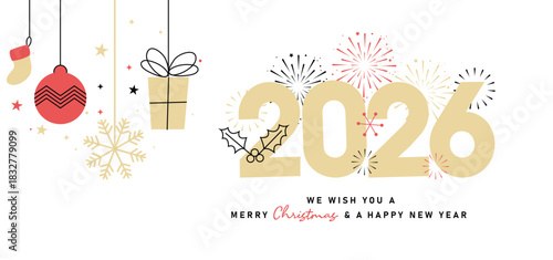 Happy and Successful New Year 2026 Celebration with Festive Decorations Minimalist Christmas and New Year 2026 Greeting with Holiday Icons