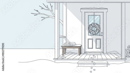 A cozy winter scene depicts a snow covered porch with a decorated door a bench holding a blanket and footprints leading to the entrance