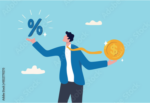 Lending, mortgage or loan interest rate, financial credit, economy growth or income tax calculation, debt or financial credit, investment concept, businessman holding dollar money coin and percentage.