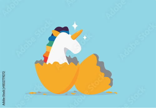 Unicorn startup company, venture capital to fund small company to success in world business competition, begin or start new company concept, precious unicorn with rainbow just hatch from golden egg.