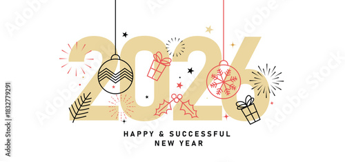 Happy and Successful New Year 2026 Celebration with Festive Decorations Minimalist Christmas and New Year 2026 Greeting with Holiday Icons