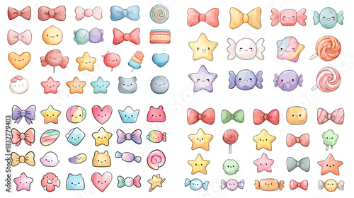 Collection of cute pastel candy characters, bows, stars, and sweet icons illustrated in soft kawaii style perfect for children designs, stickers, packaging, and playful artwork.