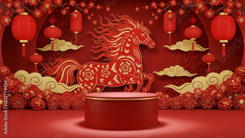 red chinese new year podium with soft spotlight, behind it a large majestic fire horse illustration in red-gold paper-cut style
