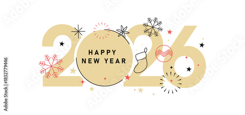 Happy and Successful New Year 2026 Celebration with Festive Decorations Minimalist Christmas and New Year 2026 Greeting with Holiday Icons
