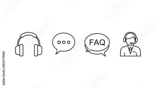 Customer support and help desk line icons featuring headphones, chat bubbles, faq, and a service agent for assistance and communication