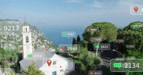 Camera pulling back, panning, AR badges clustering above church, updating counts to show location